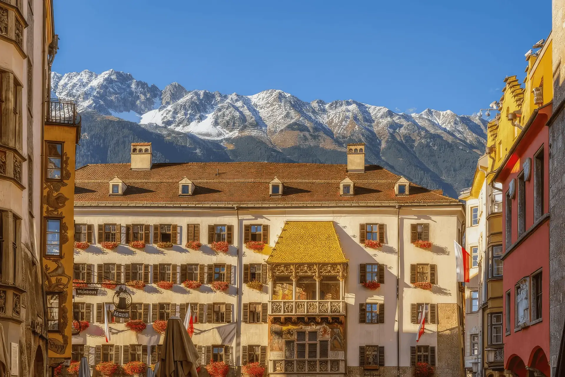 Het Gouden Dakje in de oude binnenstad van Innsbruck voor de besneeuwde Nordkette